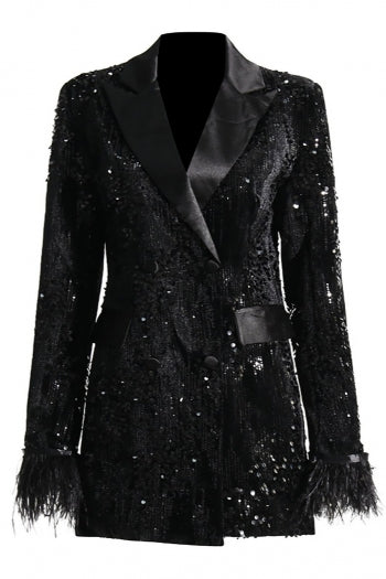 Satin Detail Feather Sleeve Black Sequin Blazer