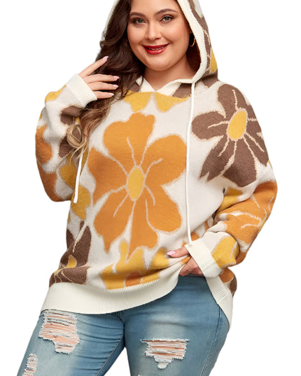Knitted Drawstring Hooded Plus Size Sweater