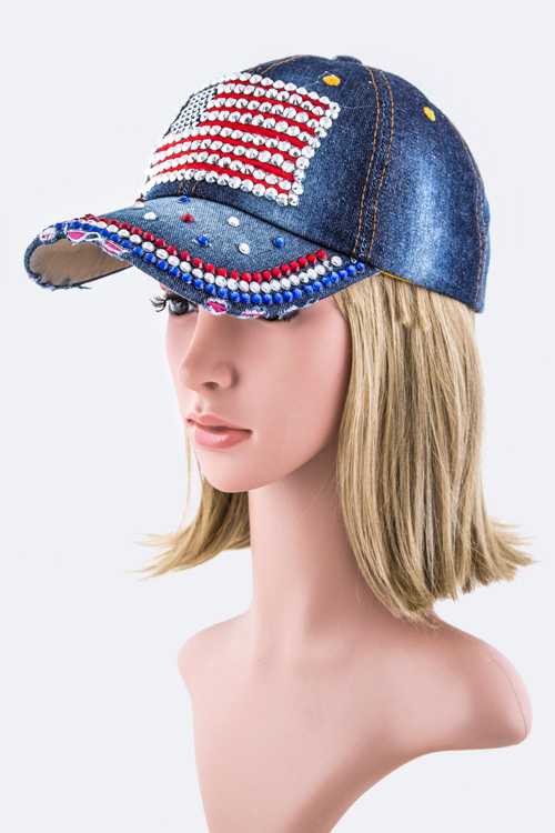 Crystal US Flag Embellished Fashion Denim Baseball Cap