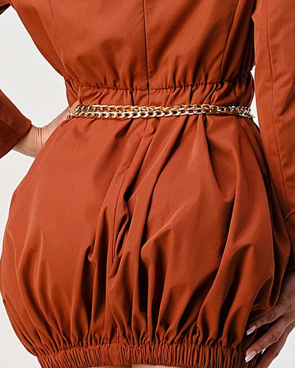 Terracotta Trench Mini Dress with Gold Chain Belt