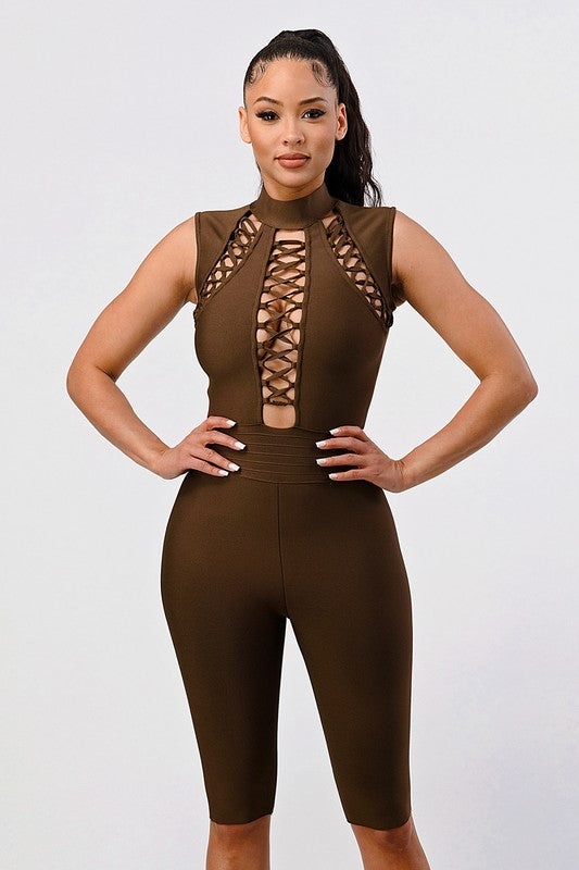Brown Criss Coss Cut-Out Midi Length Romper