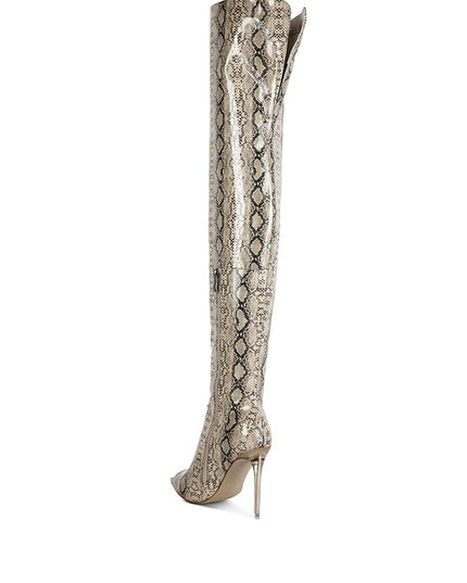 Faux Leather Snake Print High Heel Boots