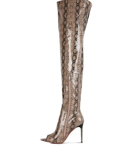 Faux Leather Snake Print High Heel Boots
