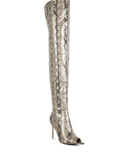 Faux Leather Snake Print High Heel Boots