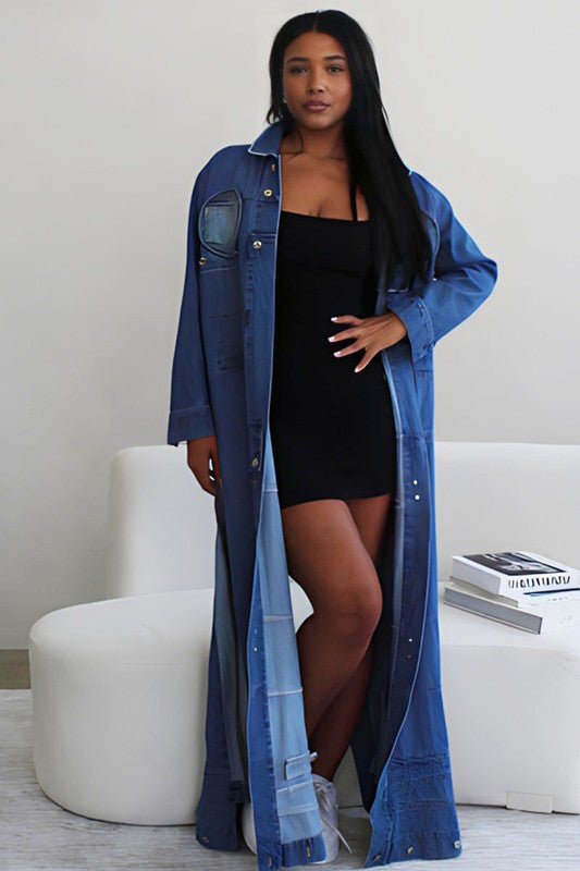 Double Slit Denim Maxi Jacket