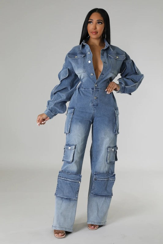 Denim Cargo Ruffle Sleeve Jumpsuit (Belt not included)