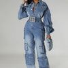 Denim Cargo Ruffle Sleeve Jumpsuit (Belt not included)