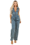 Sleeveless Hooded Cargo Denim Jumpsuit