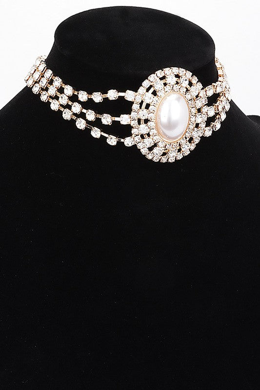 Faux Pearl Rhinestone Statement Choker Necklace