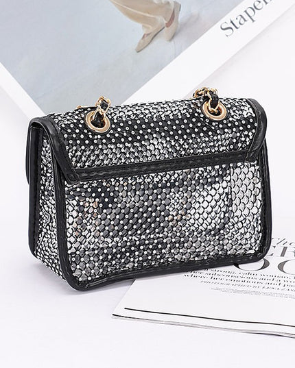 Rhinestone Mesh Turn Lock Iconic Shoulder Bag