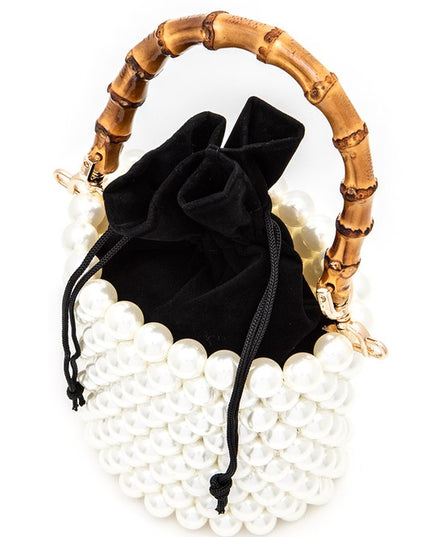 Bamboo Top Handle Beaded Bucket Clutch Bag