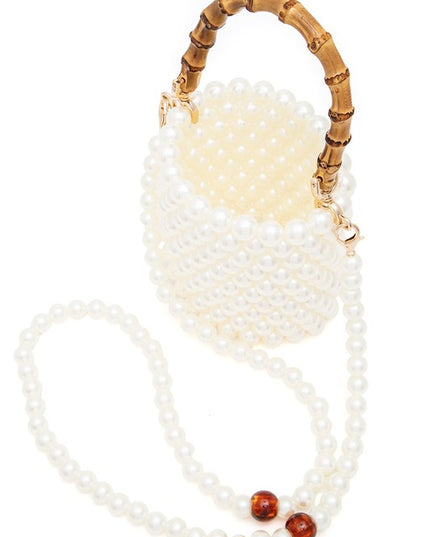 Bamboo Top Handle Beaded Bucket Clutch Bag