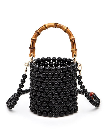 Bamboo Top Handle Beaded Bucket Clutch Bag