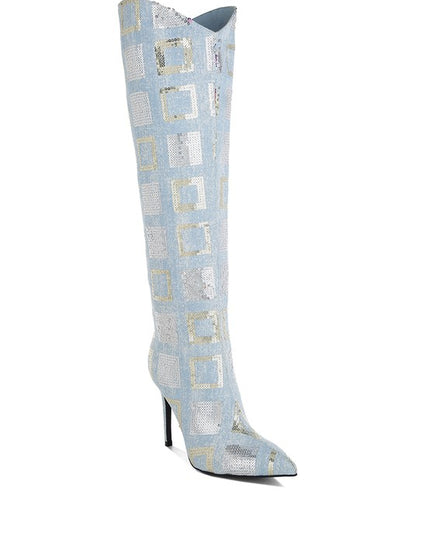 Sharmin Checkered Sequin Knee High Boots