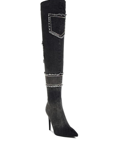 Eilish Rhinestones Knee High Denim Boots