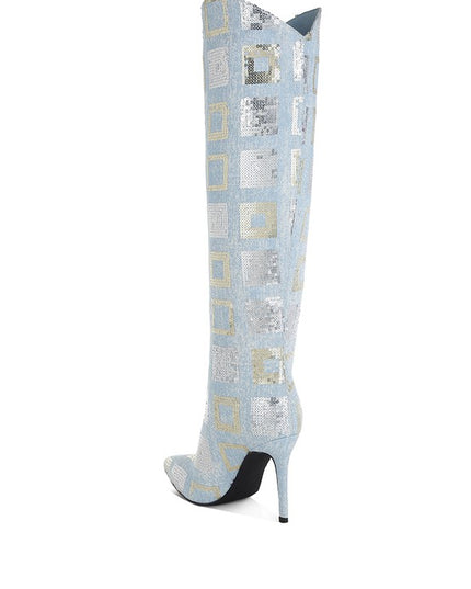Sharmin Checkered Sequin Knee High Boots