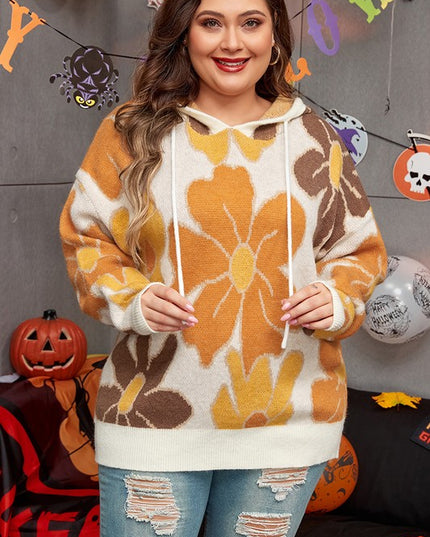 Knitted Drawstring Hooded Plus Size Sweater