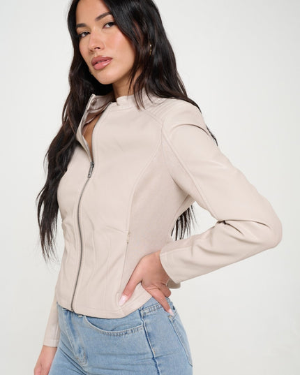 Coalition LA Zip Up Vegan Moto Jacket-Cream
