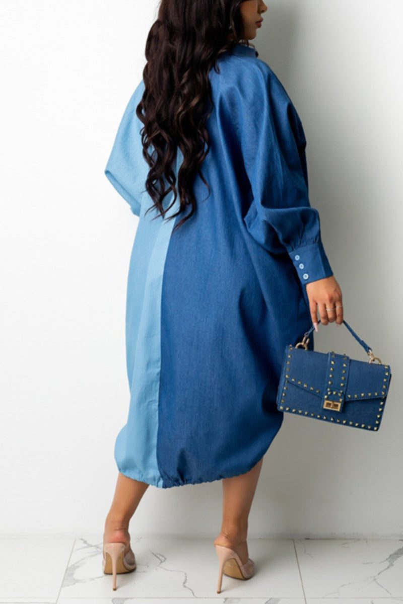 Contrast Color Button Down Midi Shirt Dress