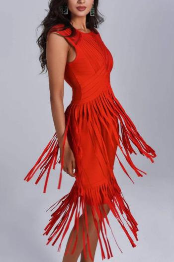 Sexy Slight Stretch Solid Color Slim Tassel Zip-Up Hollow Midi Dress