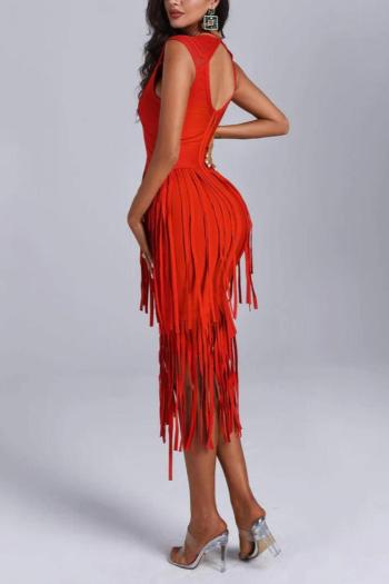 Sexy Slight Stretch Solid Color Slim Tassel Zip-Up Hollow Midi Dress