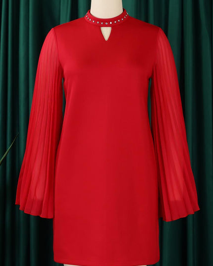 Rhinestone Collar Open Pleated Sleeve Mini Dress