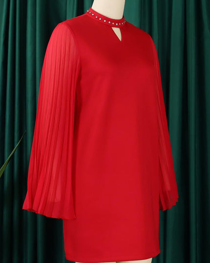 Rhinestone Collar Open Pleated Sleeve Mini Dress
