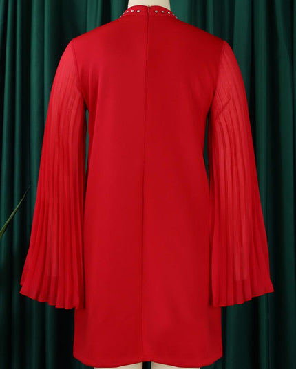 Rhinestone Collar Open Pleated Sleeve Mini Dress