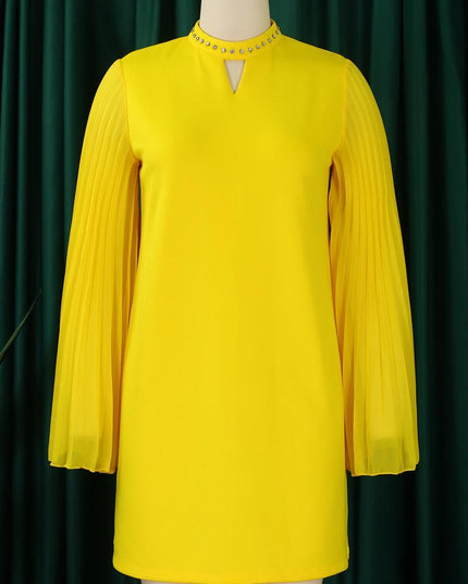 Rhinestone Collar Open Pleated Sleeve Mini Dress