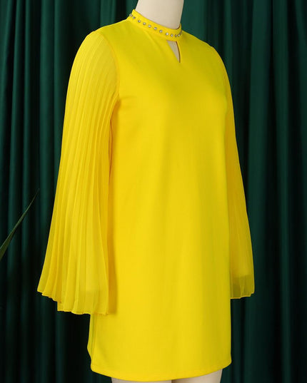 Rhinestone Collar Open Pleated Sleeve Mini Dress