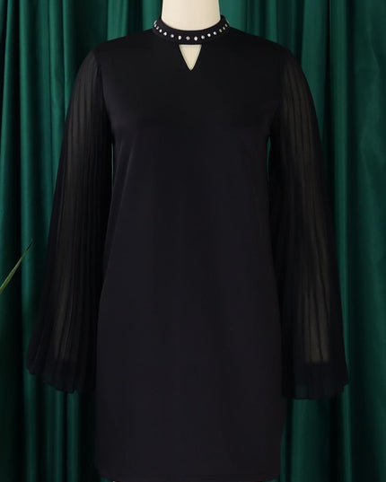Rhinestone Collar Open Pleated Sleeve Mini Dress