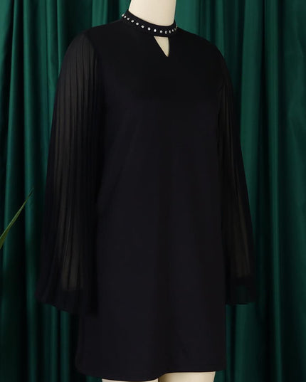 Rhinestone Collar Open Pleated Sleeve Mini Dress