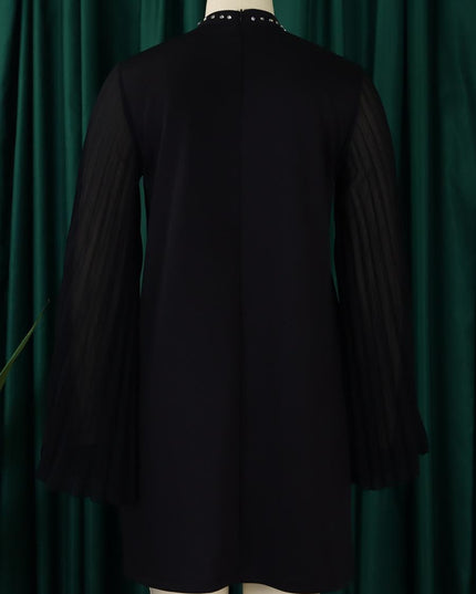 Rhinestone Collar Open Pleated Sleeve Mini Dress