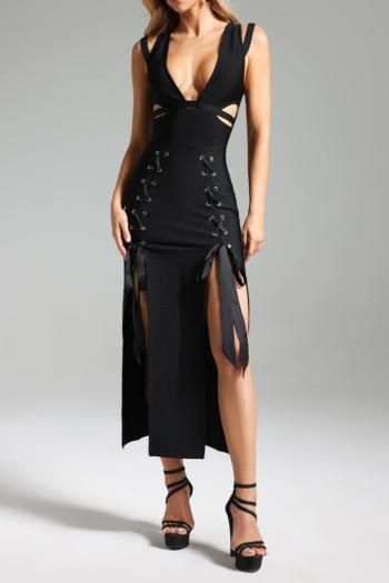 Sleek Black High-Stretch Deep V Midi Dress with Lace-Up Slit