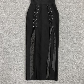 Sleek Black High-Stretch Deep V Midi Dress with Lace-Up Slit