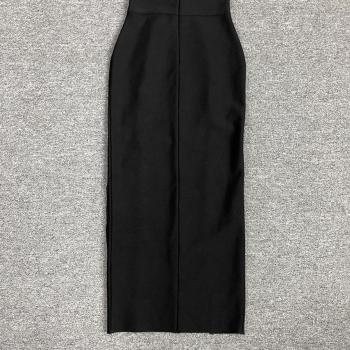 Sleek Black High-Stretch Deep V Midi Dress with Lace-Up Slit