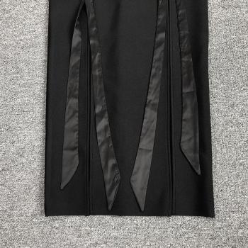 Sleek Black High-Stretch Deep V Midi Dress with Lace-Up Slit