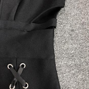 Sleek Black High-Stretch Deep V Midi Dress with Lace-Up Slit