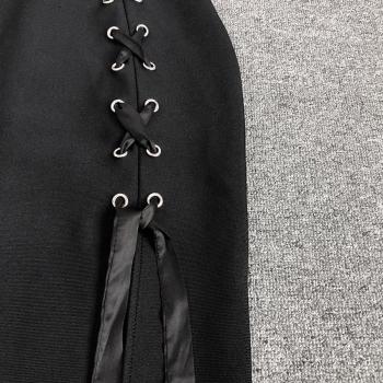 Sleek Black High-Stretch Deep V Midi Dress with Lace-Up Slit