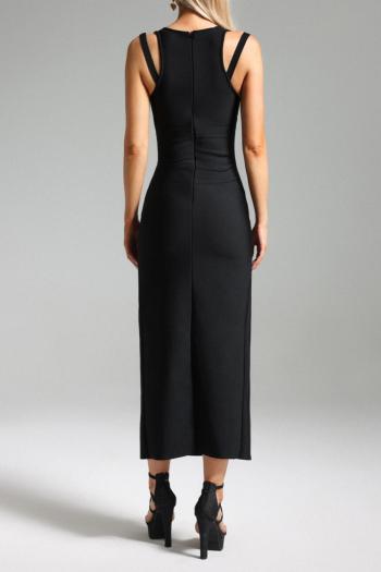 Sleek Black High-Stretch Deep V Midi Dress with Lace-Up Slit