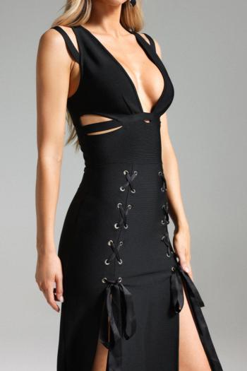 Sleek Black High-Stretch Deep V Midi Dress with Lace-Up Slit