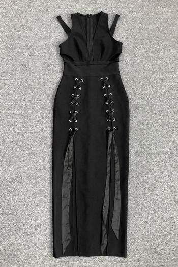 Sleek Black High-Stretch Deep V Midi Dress with Lace-Up Slit