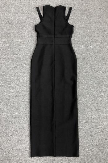 Sleek Black High-Stretch Deep V Midi Dress with Lace-Up Slit