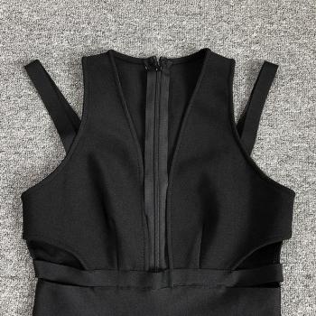 Sleek Black High-Stretch Deep V Midi Dress with Lace-Up Slit