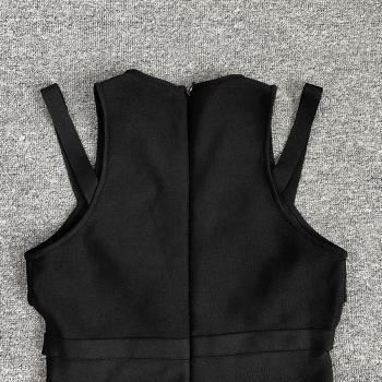 Sleek Black High-Stretch Deep V Midi Dress with Lace-Up Slit