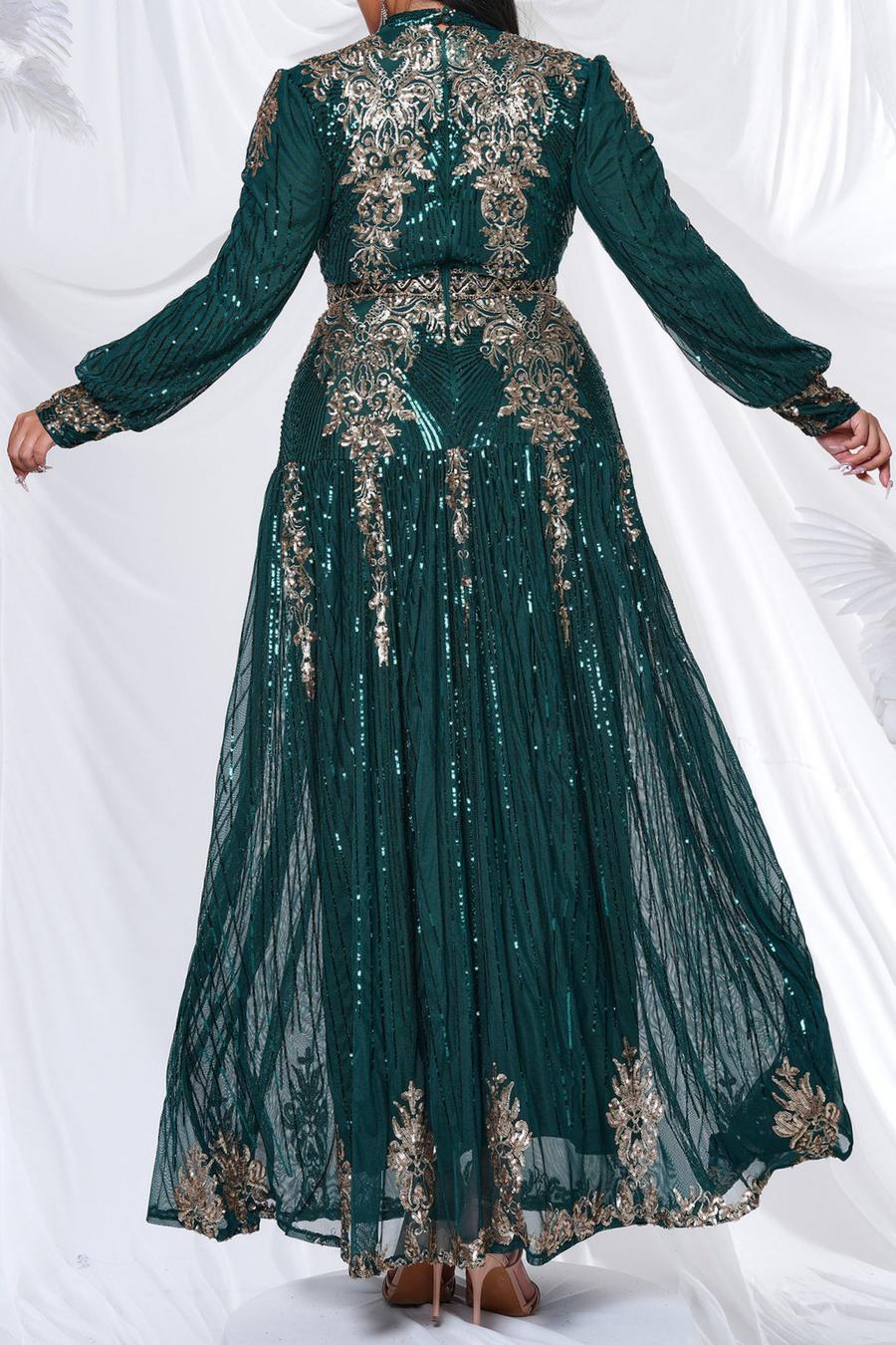 Plus-Size Regal Sequin Gold Scroll Long Sleeve Maxi Dress