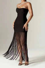 Sparkling Rhinestone Strap Tassel Maxi Dress: Elegant Stretch Fit, Party Ready