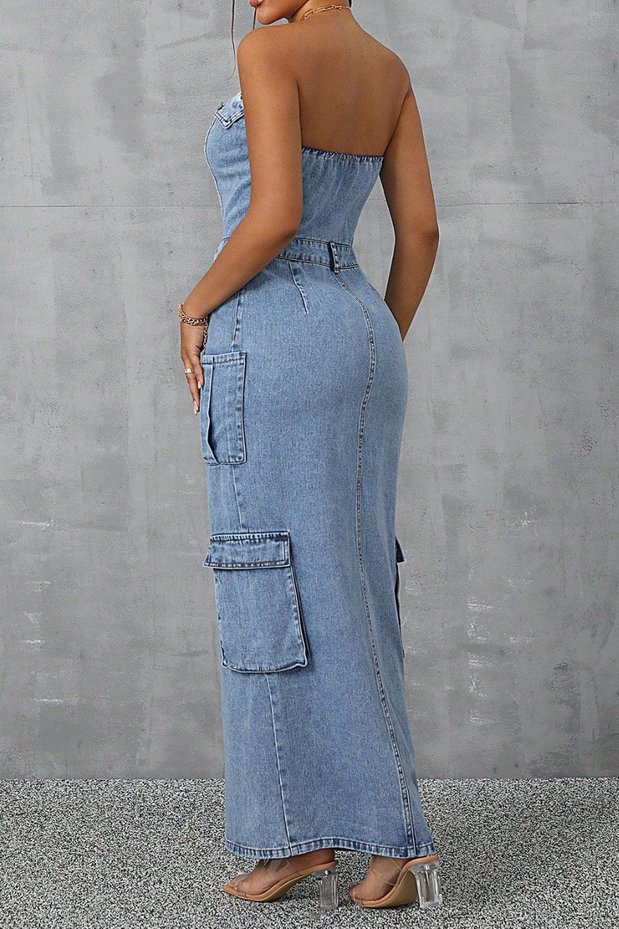 Bandeau Slit Pocketed Denim Maxi Dress