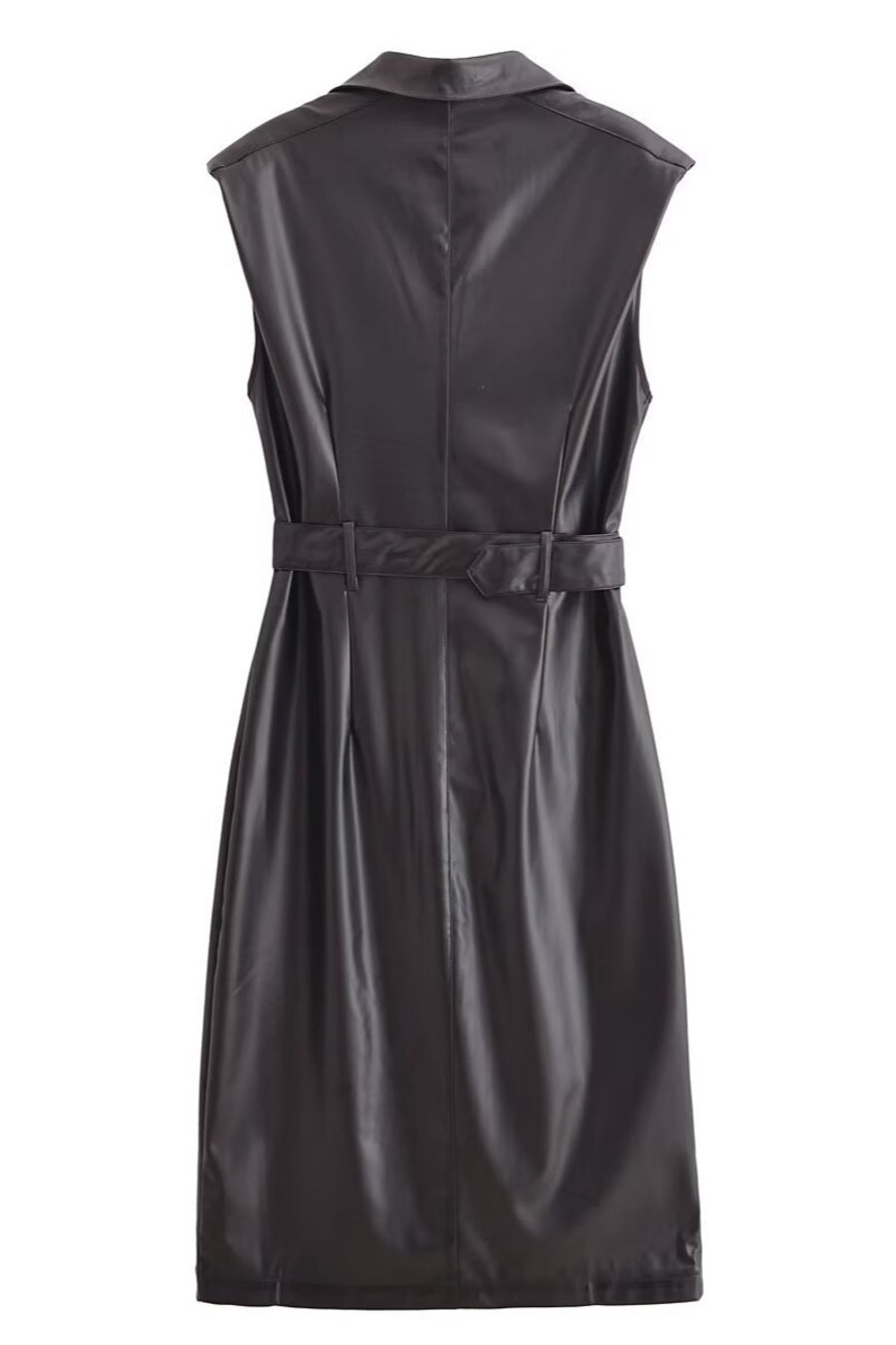 Double Breasted PU Leather Sleeveless Midi Dress