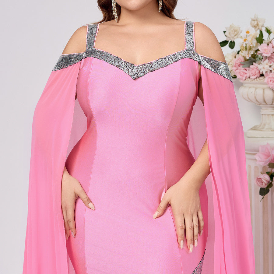 Plus Size Pink Silver Sequin Decor Cape Maxi Dress